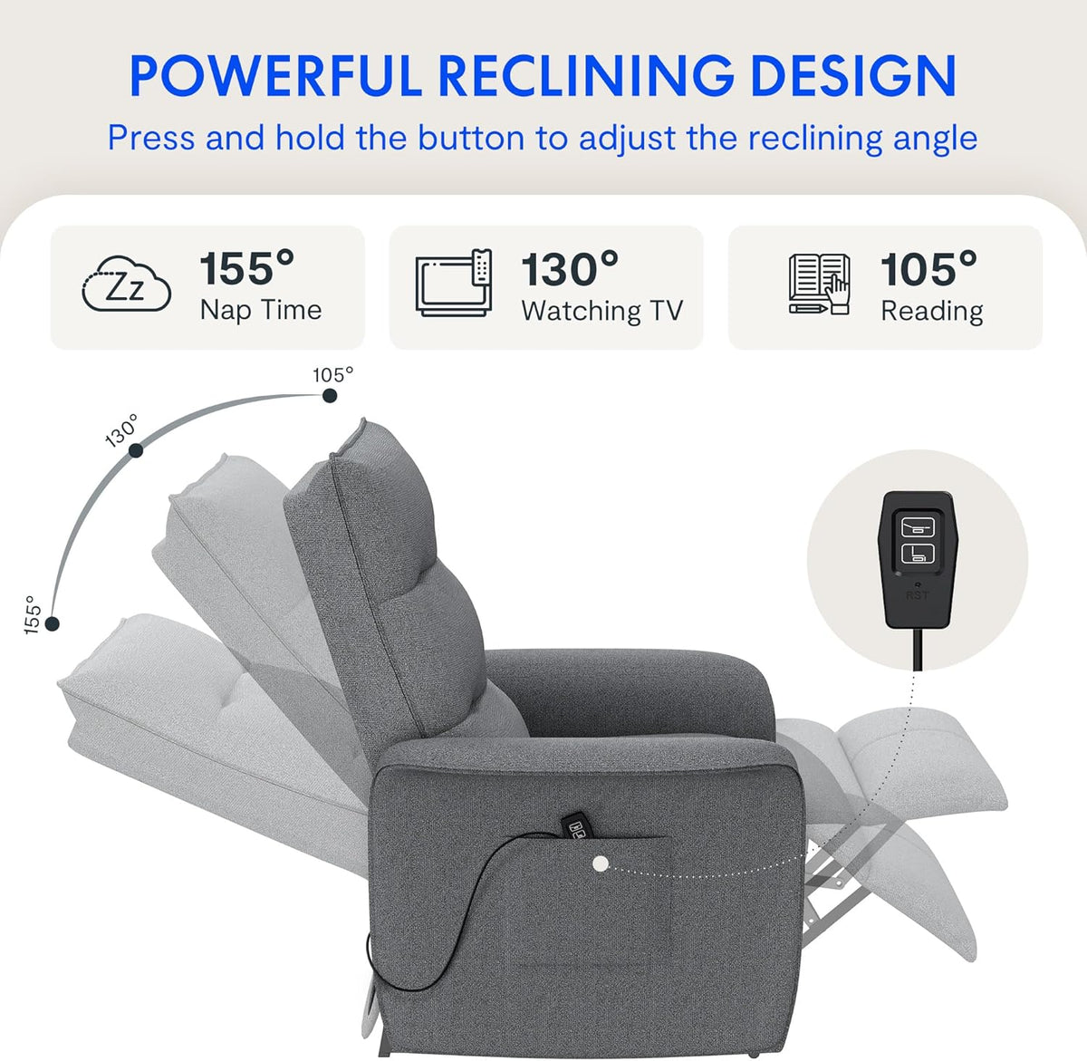 FLEXISPOT Poltrona Reclinável Elétrica com Encosto Ajustável, Reclinação de 105° a 155°, Poltrona Reclinável, Sofá Relax Ergonômico para Quarto, Sala de Estar e Home Theater (Cinza Escuro)