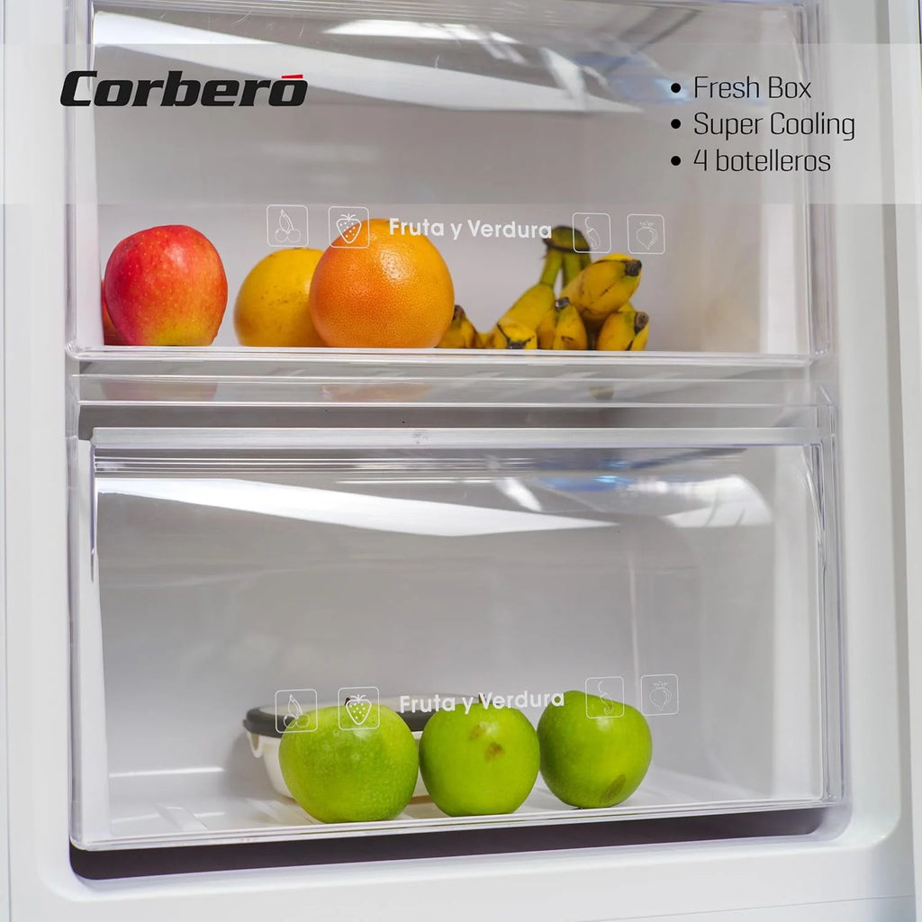 Corberó - Geladeira 1 Porta | CCLH18524NFW | 65x59,5x185 | Capacidade 359L | No Frost | Display na Porta | Luz LED | 2 Gavetas XXL | Fresh Box | 4 Porta-garrafas | Puxador Easy Open | 40 Db | Inox