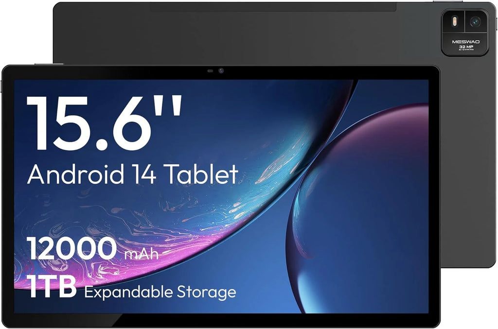 Tablet MESWAO de 15.6 polegadas, Tablet Grande Mes-B3 Mais Recente de 2025 com Tela IPS, Helio G99 Octa-Core, 6GB RAM+128GB ROM (1TB TF), 12000mah, BT5.0, Wi-Fi 2.4G/5G, Android 14, CÂMERA DE 32MP