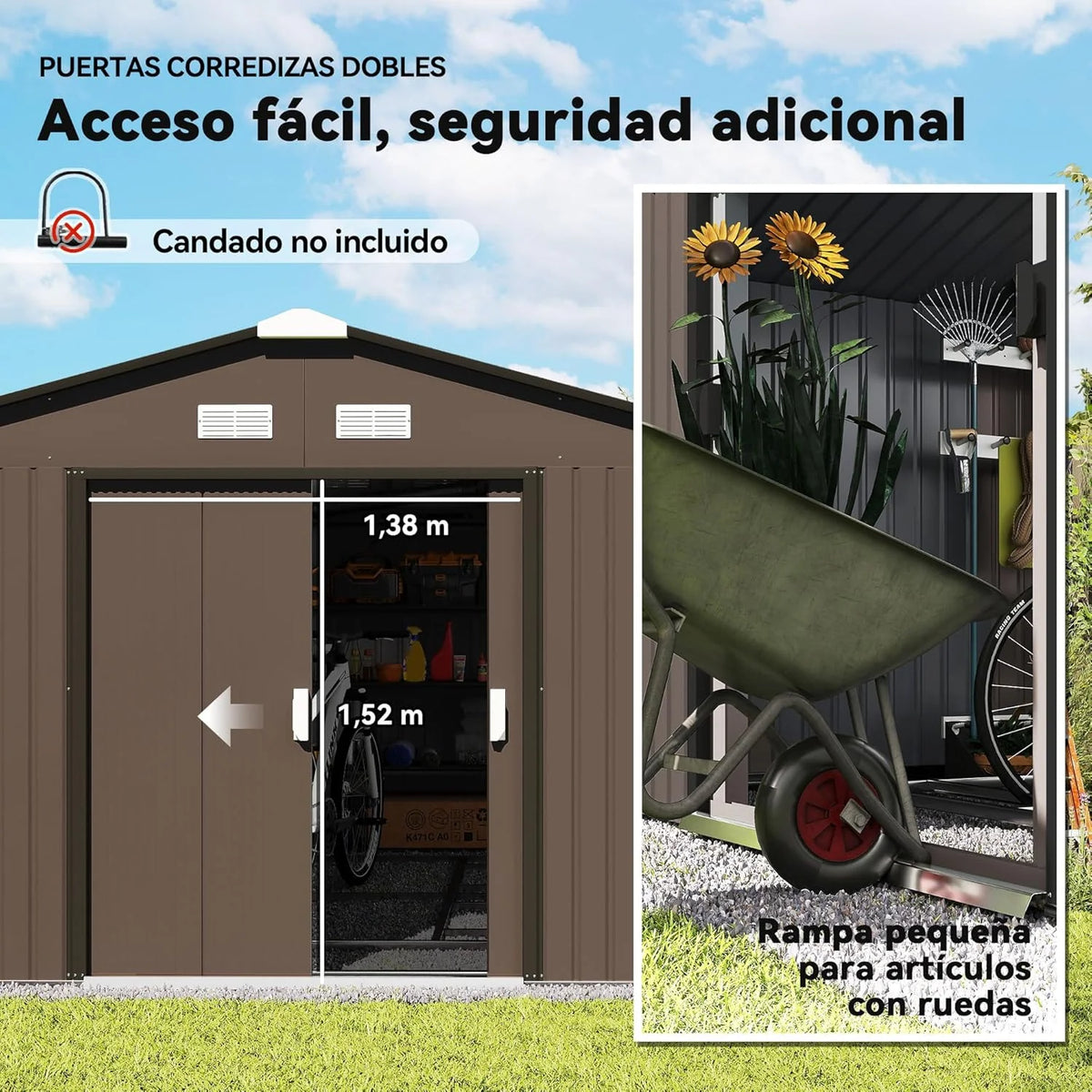 Outsunny Abrigo de Jardim Exterior, 12,4 m² 340x386x200 cm, Abrigo de Jardim Exterior Metálico com Teto de Fibra de Vidro, Porta Deslizante, Base de Reforço (Chão NÃO Incluído) e Janelas Marrom
