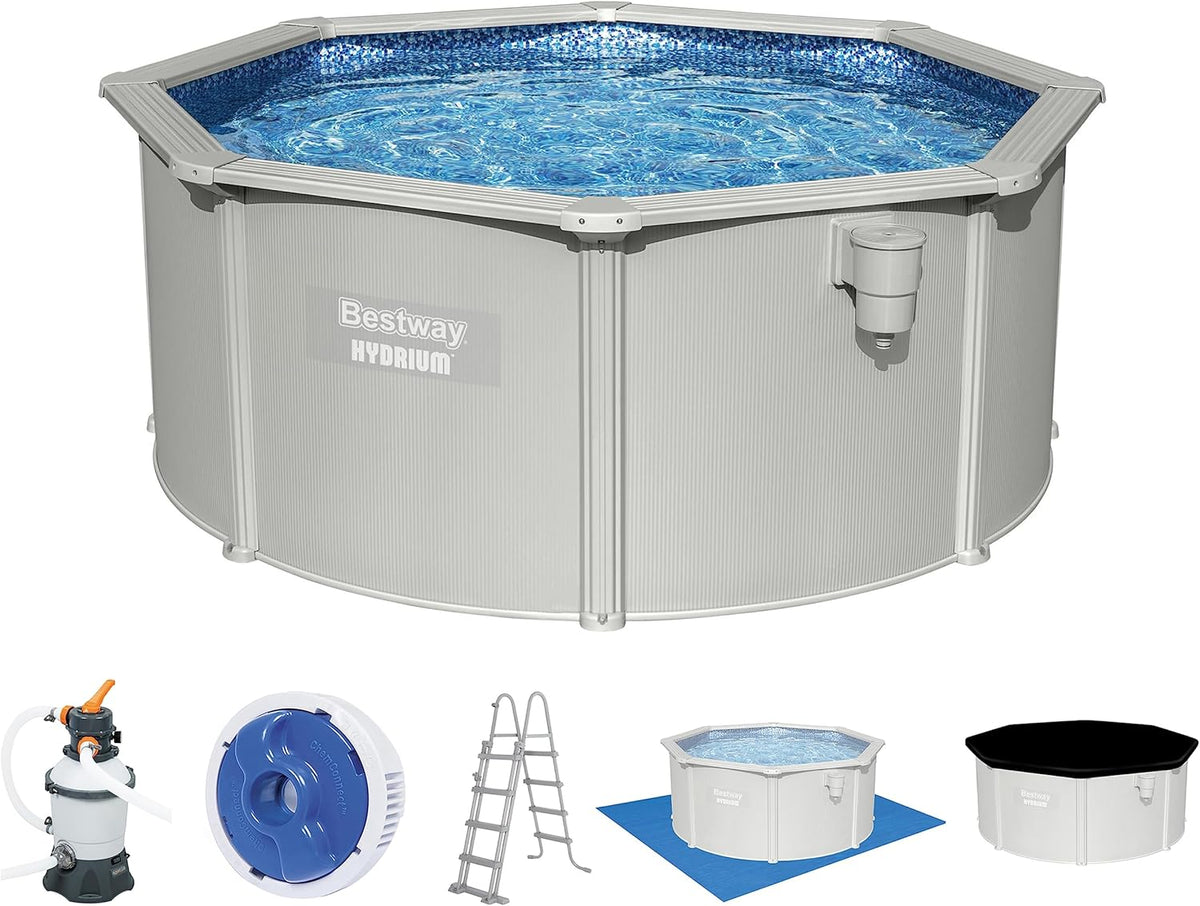Bestway Hydrium - Piscina de Parede de Aço com Filtro de Areia, diâmetro de 300 x 120 cm, Cinza, Redonda