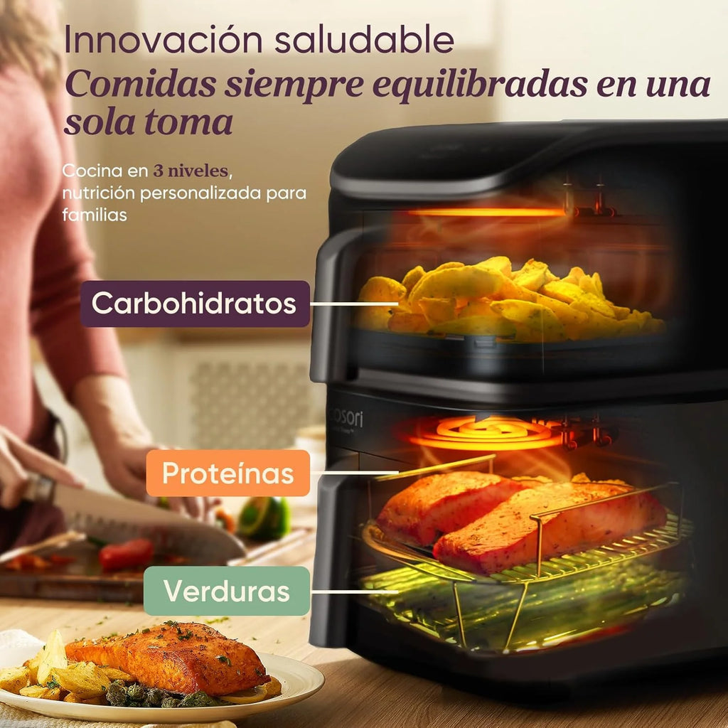 Cosori Turbo Tower Fritadeira de Ar 10,8L com Cestas Verticais, Cozedura em 3 Níveis que Poupa Espaço, 2630 W, 6 funções, 2 Motores DC, Mais de 50 Receitas Completas Online