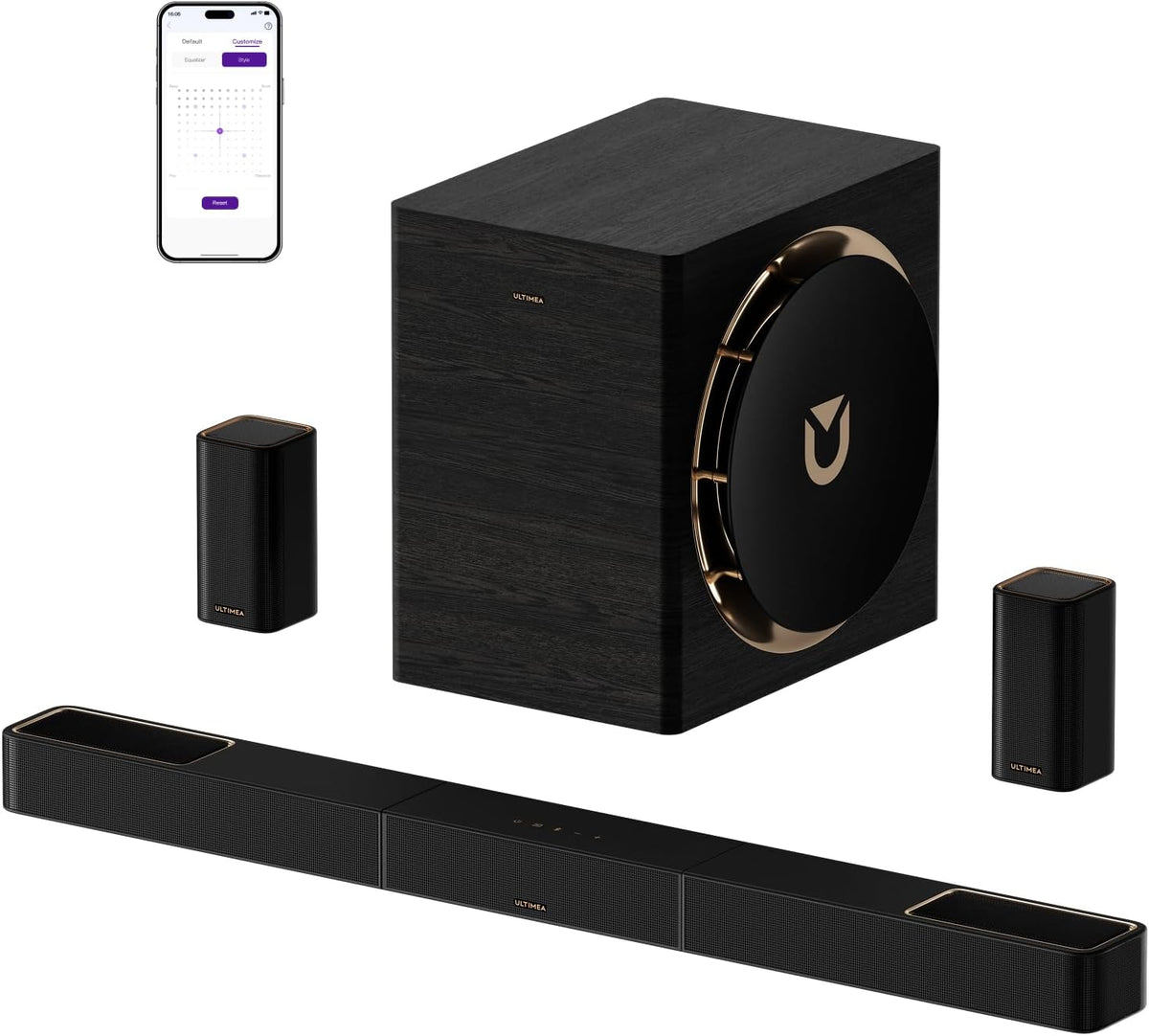 Barra de Som ULTIMEA 5.1.2ch com Dolby Atmos, Alto-Falantes Superiores de Disparo para Cima, Subwoofer Sem Fio e 2 Traseiros, 460W, HDMI eARC, BT 5.4, Sistema de Home Theater Skywave F40 Boom