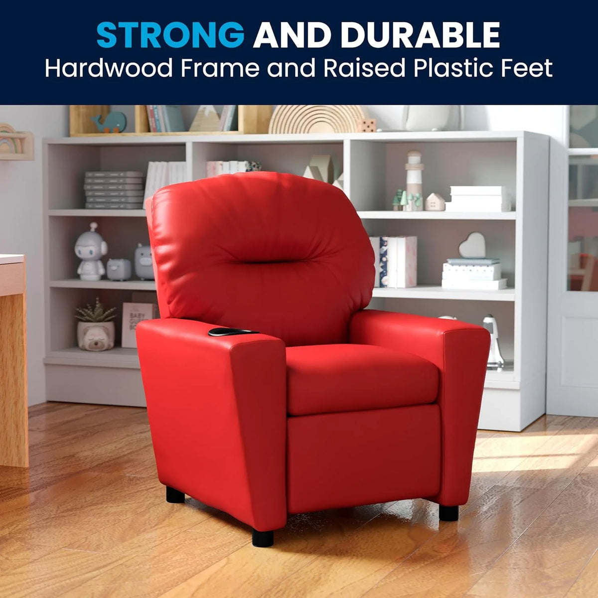 Poltrona Reclinável Infantil Contemporânea Flash Furniture com Porta-Copos, Madeira, Vinil Bege, 66,04 x 53,34 x 53,34 cm