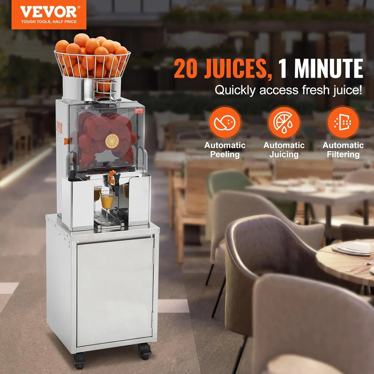VEVOR Espremedor de Cítricos Elétrico 120 W Extrator de Suco de Laranja Comercial Automático com Filtro Removível, Balde Coletor de Polpa e Torneira para Restaurantes, Cafeterias, Frutarias