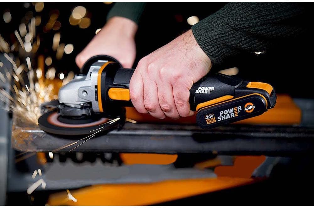 WORX | Esmerilhadeira angular 125mm 20V | PowerShare | WX803 | Inclui 2 baterias de 2Ah e 4Ah | Bloqueio do fuso | Interruptor lateral | Sistema de ajuste rápido sem ferramentas | Punho auxiliar