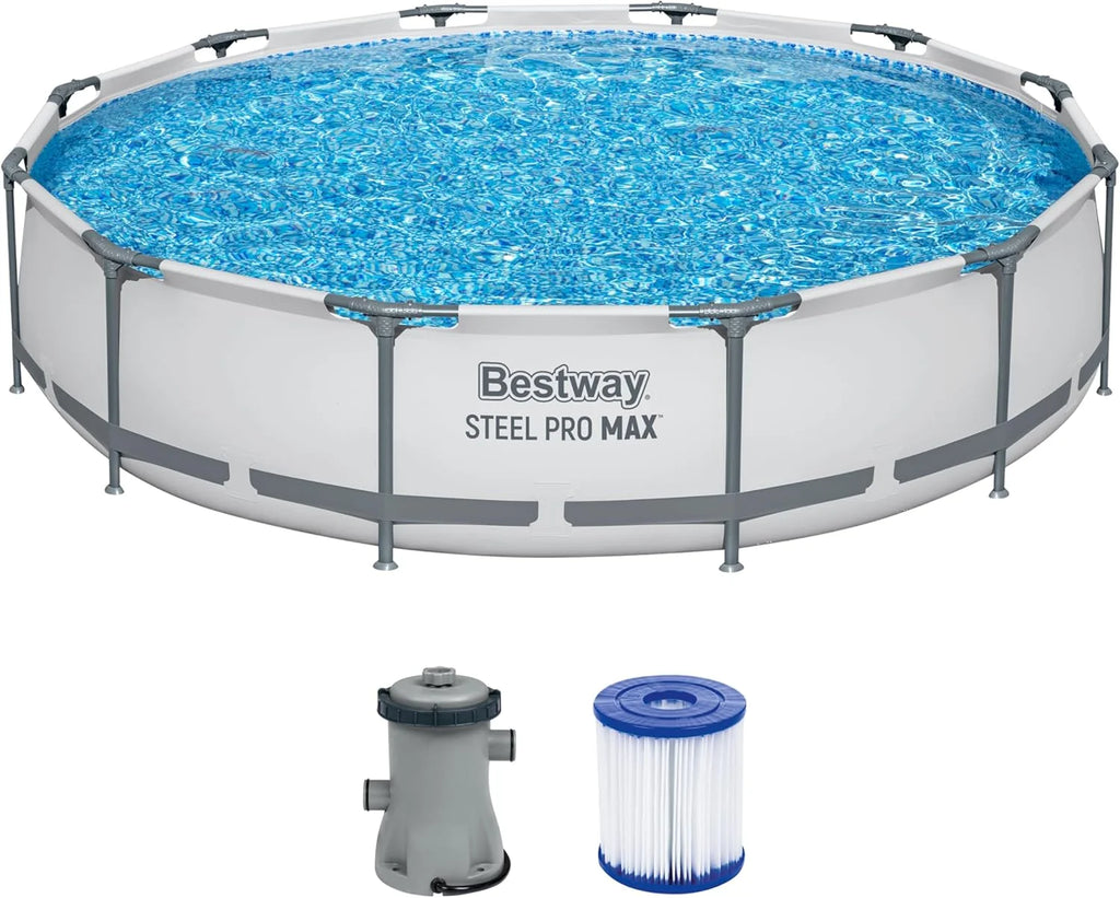 Bestway Steel Pro MAX Frame - Conjunto de Piscina com Bomba de Filtro, 366 x 76 cm de Diâmetro, Cinza Claro, Redondo