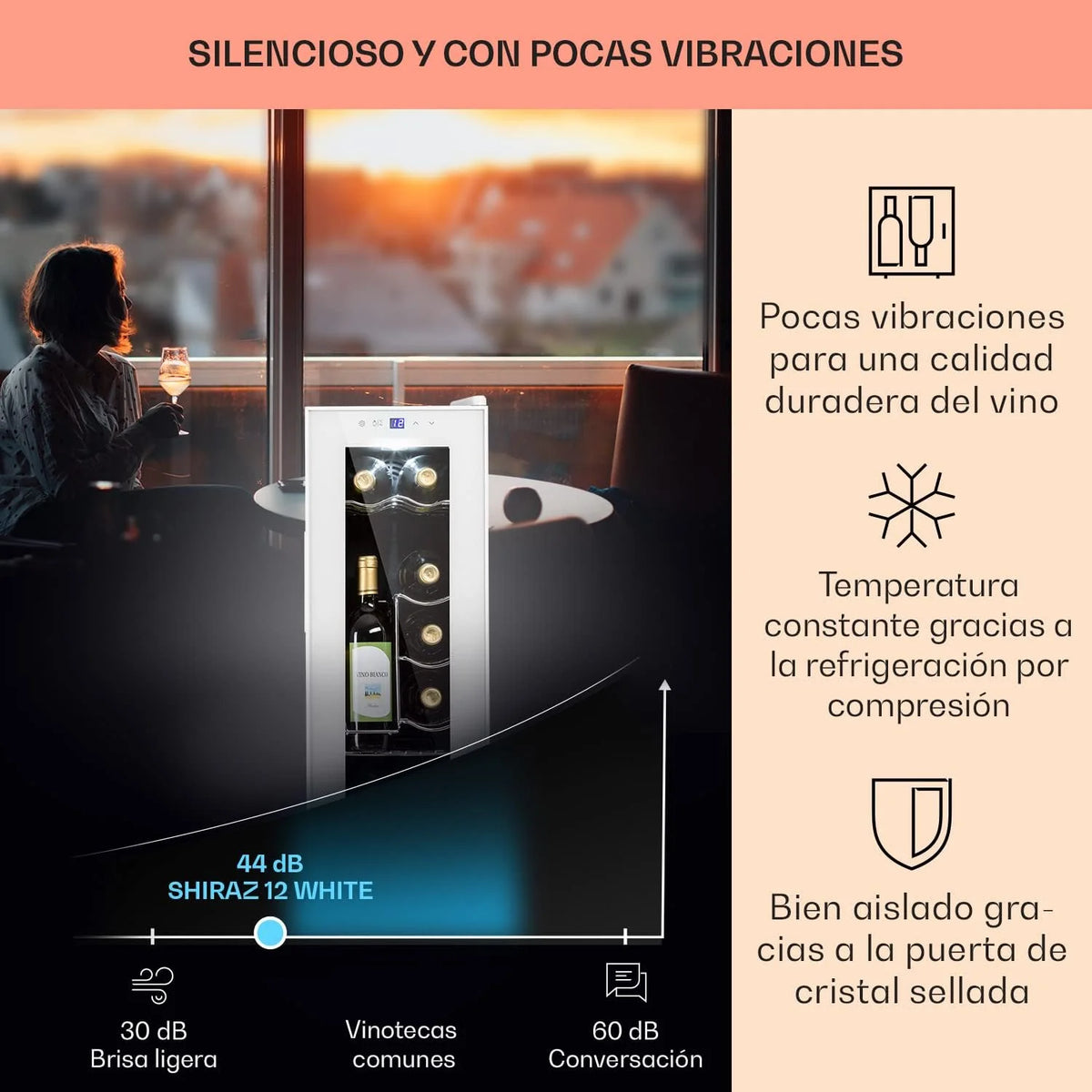 KLARSTEIN Vinoteca para Vinos de 32L Nevera Vino Uma Zona, Garrafas de Vinho, Prosecco e Cervejas, Vinoteca Pequena Porta de Vidro para Interior e Exterior, Frigorífico para Vinhos Capacidade 12 Garrafas