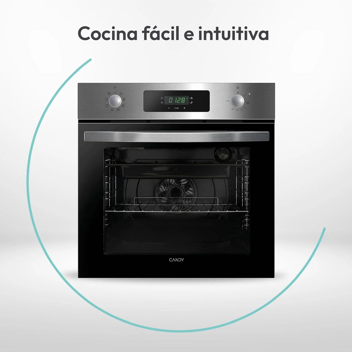 Candy FIDCP X625 L, Forno Multifunções, 70L, Tabuleiro e Grelha, Limpeza Aquactiva, Convecção + Ventilador radial, 8 Funções, Display Timer Touch, Puxadores Push&Pull, Porta 2 Vidros, Inox e Preto