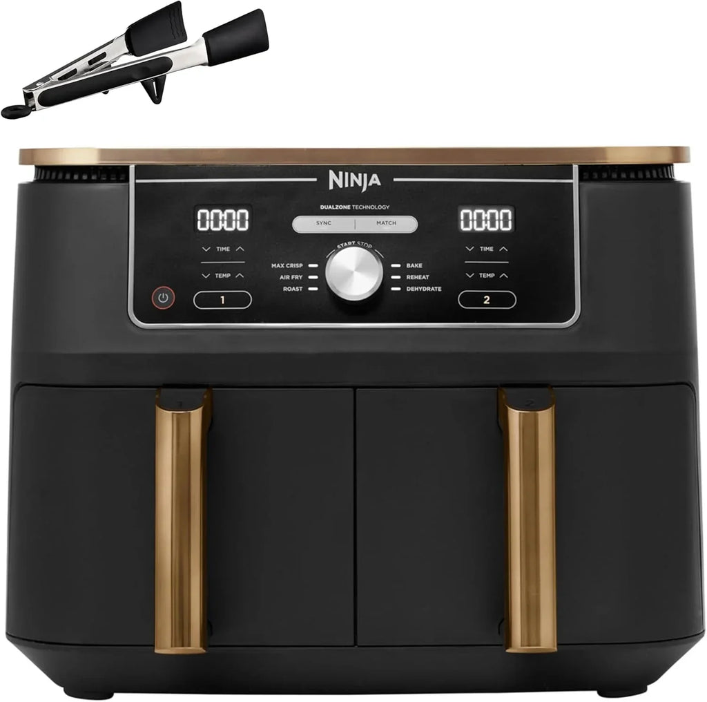 Fritadeira Ninja Foodi MAX de Compartimento Duplo, 9.6L, 6 em 1, Sem Óleo, Max Crisp, Assar, Grelhar e Mais, Pinças, 8 Porções, Cestos Antiaderentes, Cobre e Preto, AF400EUCP
