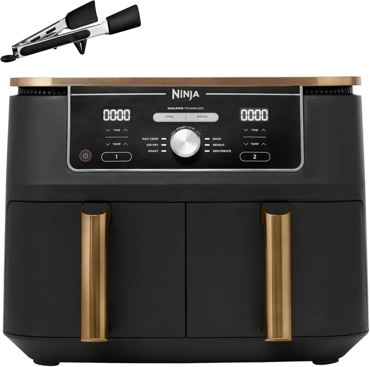 Fritadeira Ninja Foodi MAX de Compartimento Duplo, 9.6L, 6 em 1, Sem Óleo, Max Crisp, Assar, Grelhar e Mais, Pinças, 8 Porções, Cestos Antiaderentes, Cobre e Preto, AF400EUCP