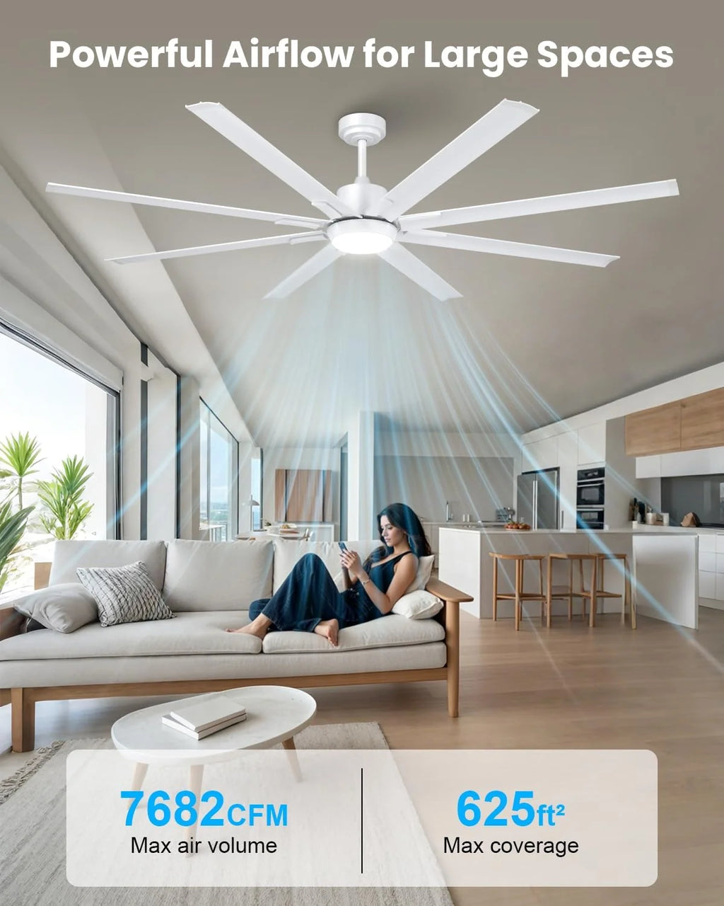 Ventilador de Teto Extra Grande de 183cm com 8 Pás de Alumínio, Luz e Controle Remoto, Luminária de Teto Silenciosa com Motor DC Reversível para Varanda Externa, Quarto Grande