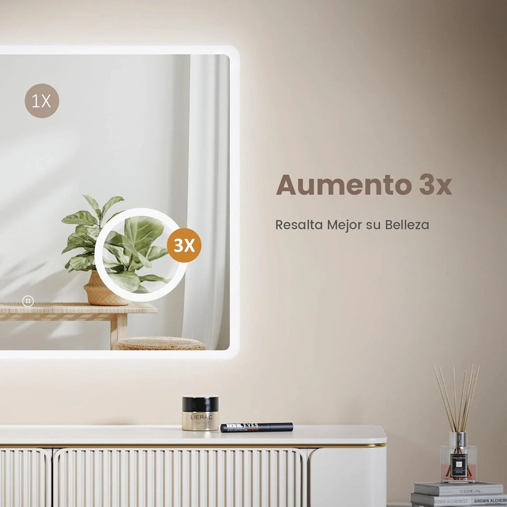 Espelho LED para Banheiro EMKE 90 x 70 cm, com Interruptor de Toque, Antiembaçamento, Lupa 3X, Relógio, 6500K