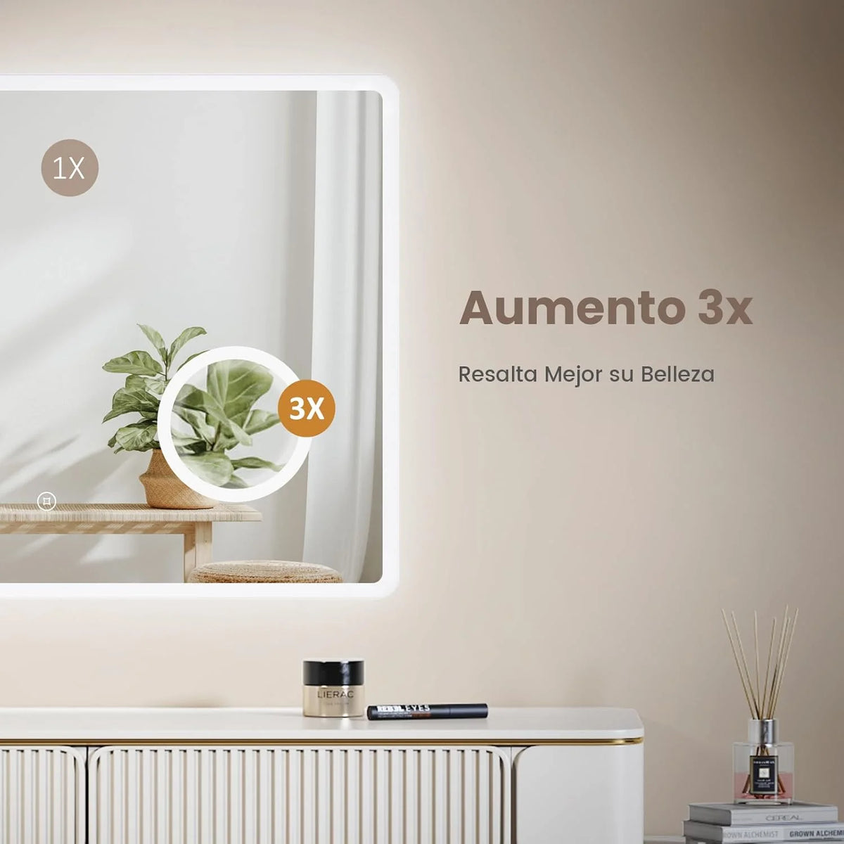 Espelho LED para Banheiro EMKE 90 x 70 cm, com Interruptor de Toque, Antiembaçamento, Lupa 3X, Relógio, 6500K