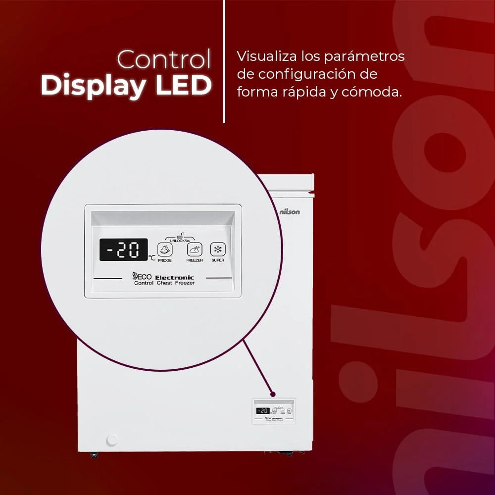 Nilson Congelador Horizontal Branco NCH1500EDC. Capacidade 142 Litros, Dual Cooling, 4 Estrelas, Modo Super Congelamento, Tecnologia Cíclica, Porta Basculante, 1 Cesto, Baixo Nível de Ruído