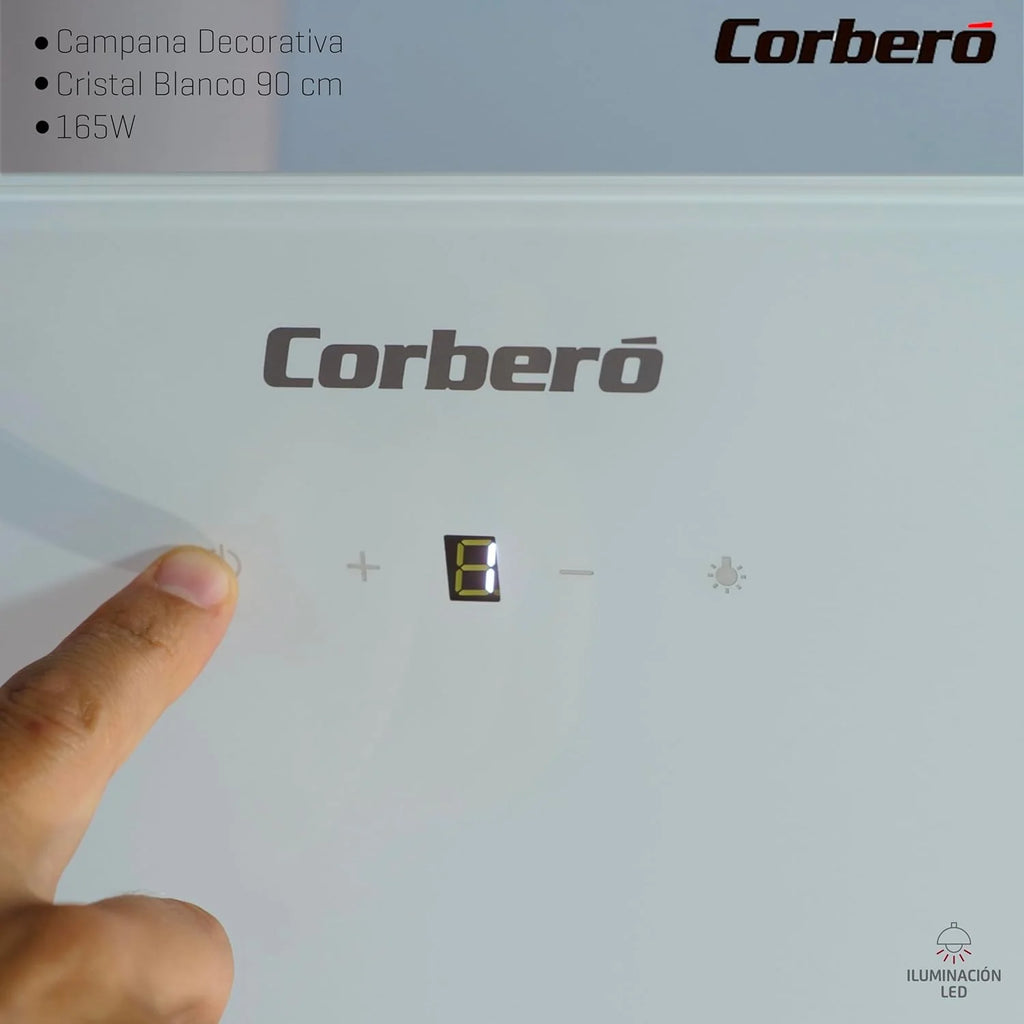 Corberó - Coifa de Parede 90 cm | VICTORIA960W | 594,2 m3/h | 67db | 165W | 3 Velocidades | Controle Touch | Vidro Temperado | Filtro de Alumínio + Filtro de Carvão | Vidro Branco