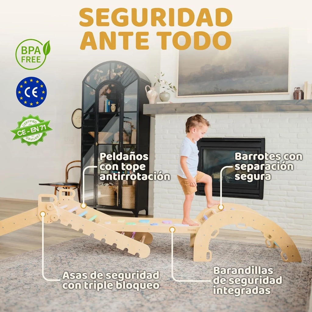 9 em 1 Triângulo Pikler Montessori Grande de 1 a 7+ anos, 5 Ângulos Ajustáveis, Parque Infantil Interno e Externo em Madeira para Escalada com Arco Pikler e Rampa Pikler para Crianças