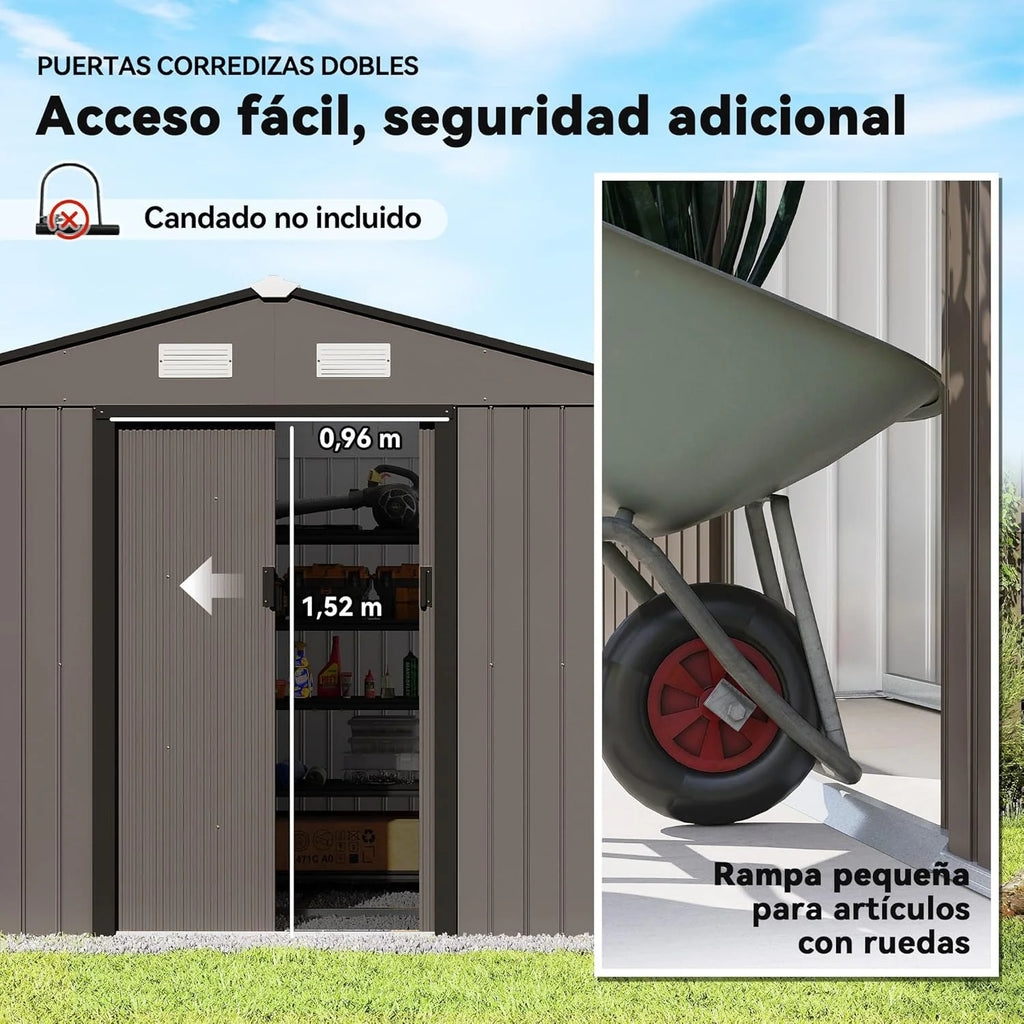 Outsunny Abrigo de Jardim Exterior, 5 m² 277x195x192 cm, Abrigo de Jardim Exterior Metálico com 2 Portas Deslizantes, Base de Reforço (Chão NÃO Incluído) e 4 Janelas, Castanho