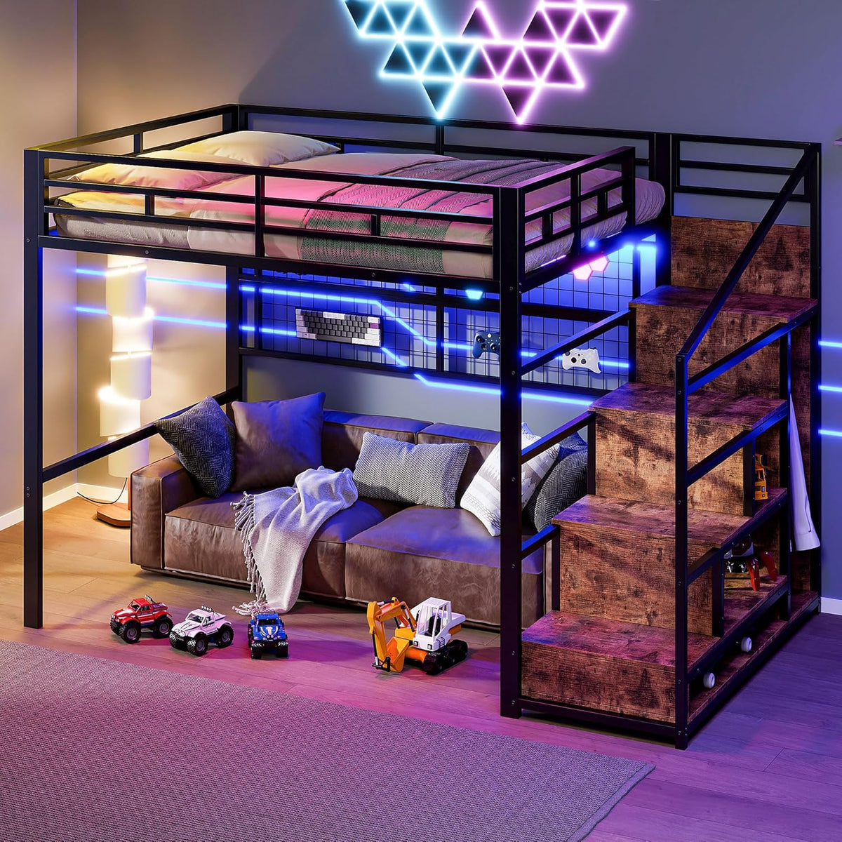 Cama alta (140 x 200 cm), estrutura de ferro, armário, escada com compartimentos, grade para pendurar objetos, espaço livre embaixo da cama, luzes LED de 7 cores, sem colchão, cor preta
