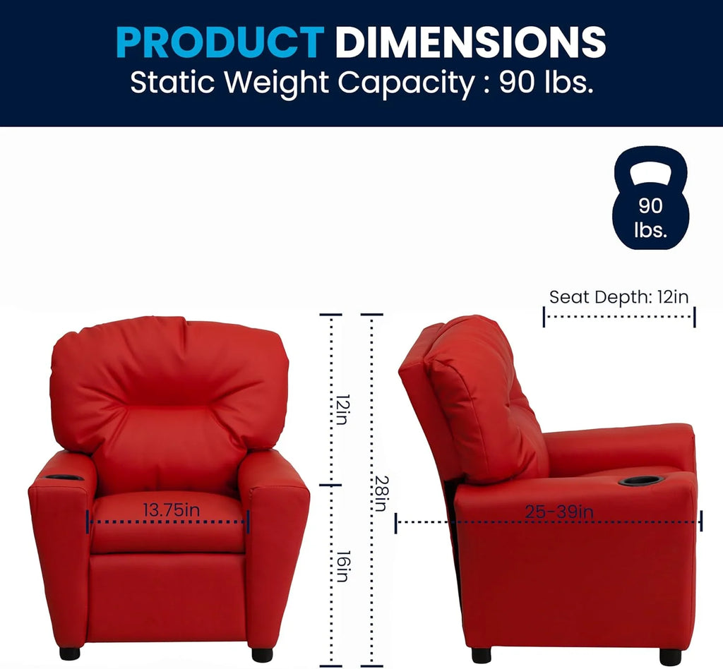 Poltrona Reclinável Infantil Contemporânea Flash Furniture com Porta-Copos, Madeira, Vinil Bege, 66,04 x 53,34 x 53,34 cm