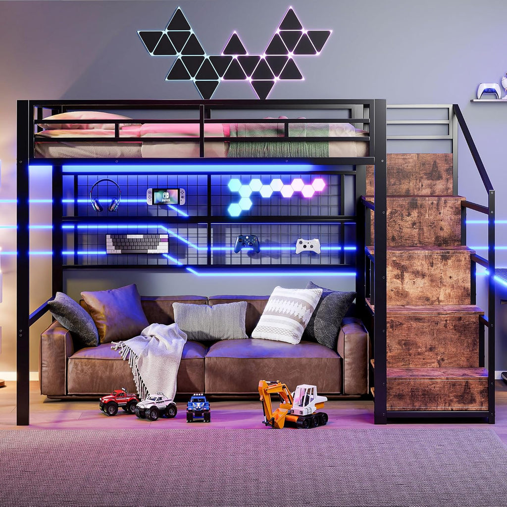 Cama alta (140 x 200 cm), estrutura de ferro, armário, escada com compartimentos, grade para pendurar objetos, espaço livre embaixo da cama, luzes LED de 7 cores, sem colchão, cor preta