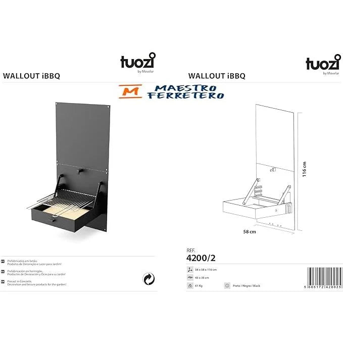 Tuozi - Churrasqueira De Alvenaria Para Lenha E Carvão Modelo Wall Ibbq Com Placa De Proteção (preto - 58,5 X 57 X 114 Cm) Ref: 4200/2