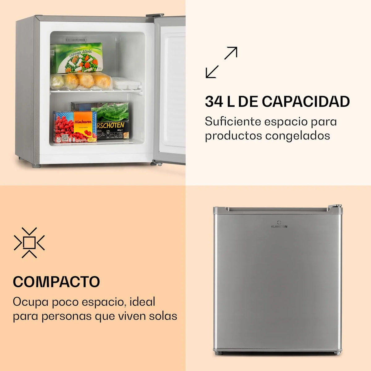 Klarstein Congelador Pequeno Vertical, Mini Congelador Portátil Silencioso para Casa e Escritório, Capacidade 33 l. com Prateleira, Eficiência Energética, Bandeja de Gelo e Raspador