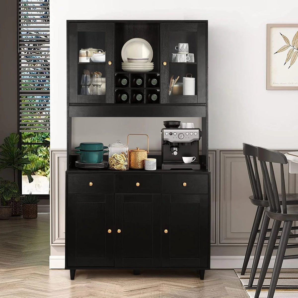 VOWNER Armário Aparador de Cozinha/Buffet, 100L x 38W x 181H cm, Armário Auxiliar de Armazenamento, 5 Portas e 5 Prateleiras Ajustáveis, Branco