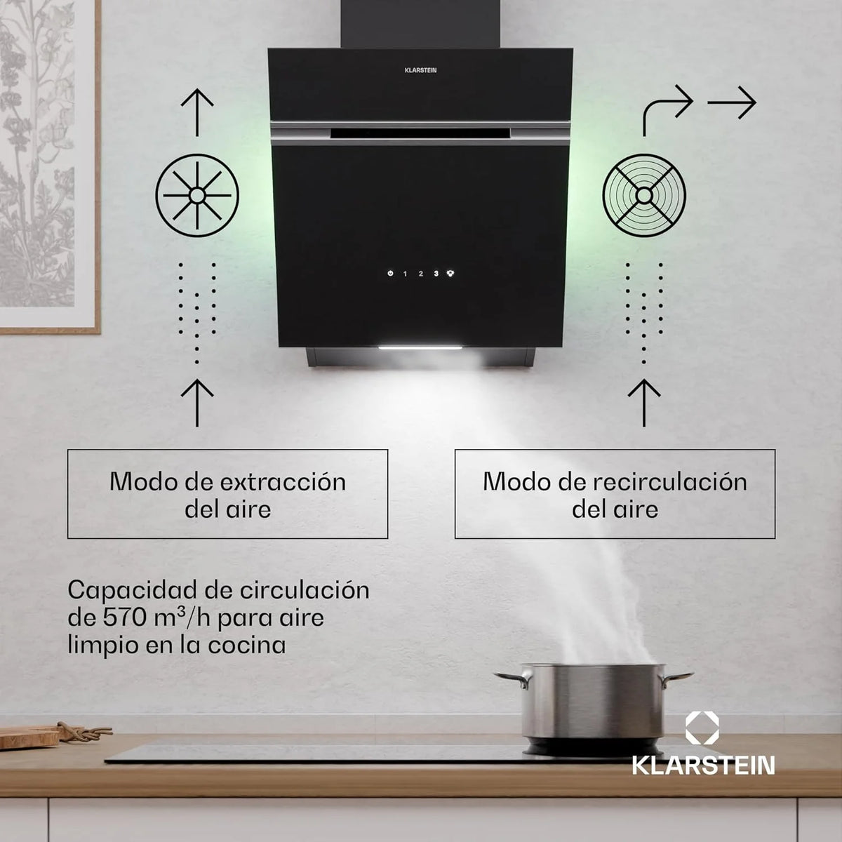 KLARSTEIN Alina Campana Extratora - 570 m³/h, Classe A, LED, 54 dB, Recirculação & Extração, Coifa Decorativa, Painel Touch, 39,8 cm de Largura, Preto