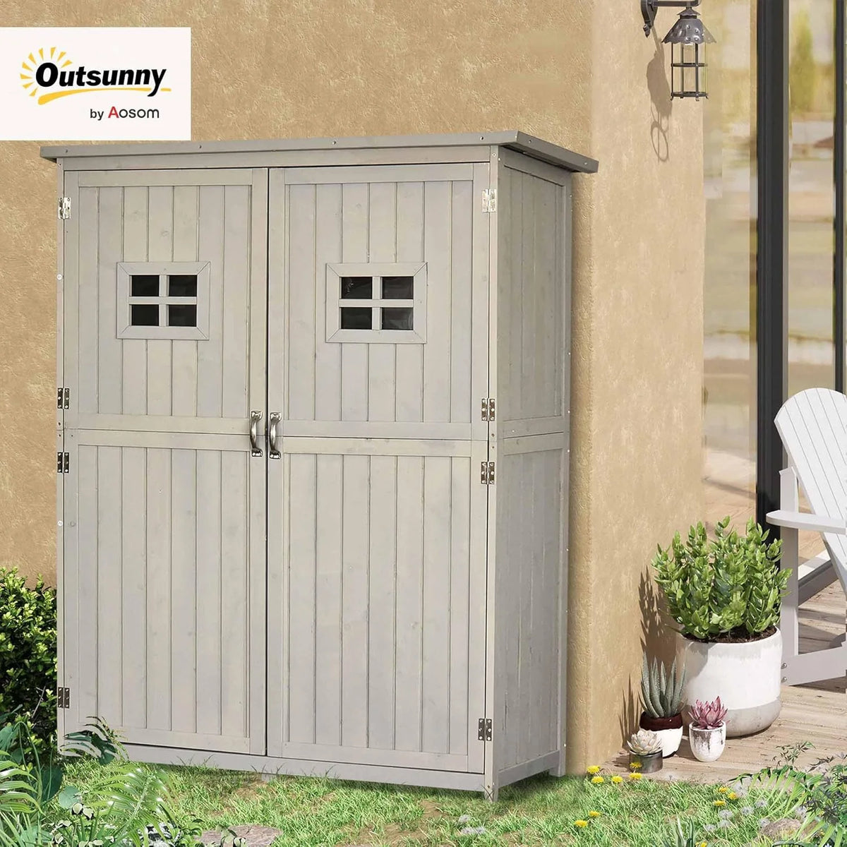 Outsunny Abrigo de Madeira Casinha de Jardim Armário Ferramentas de Jardinagem Portas Duplas Telhado Impermeável Compartimentos de Diferentes Tamanhos 127.5x50x164cm Madeira Maciça