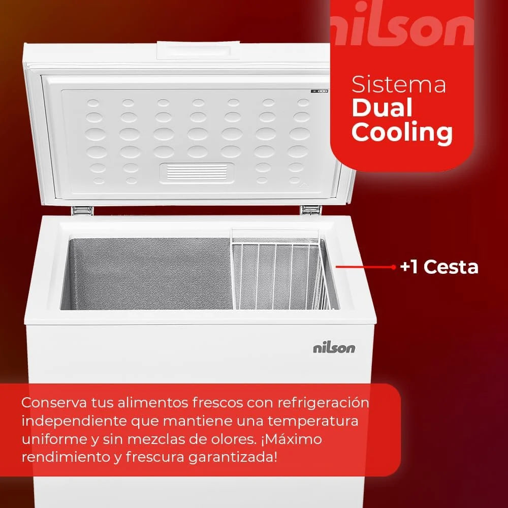 Nilson Congelador Horizontal Branco NCH1500EDC. Capacidade 142 Litros, Dual Cooling, 4 Estrelas, Modo Super Congelamento, Tecnologia Cíclica, Porta Basculante, 1 Cesto, Baixo Nível de Ruído