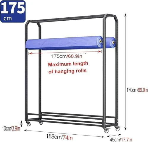 Textile Fabric Roll Storage Rack, Heavy-Duty Steel Mobile Organizer for Wallpaper and Media Film, Commercial Vinyl Storage Cart