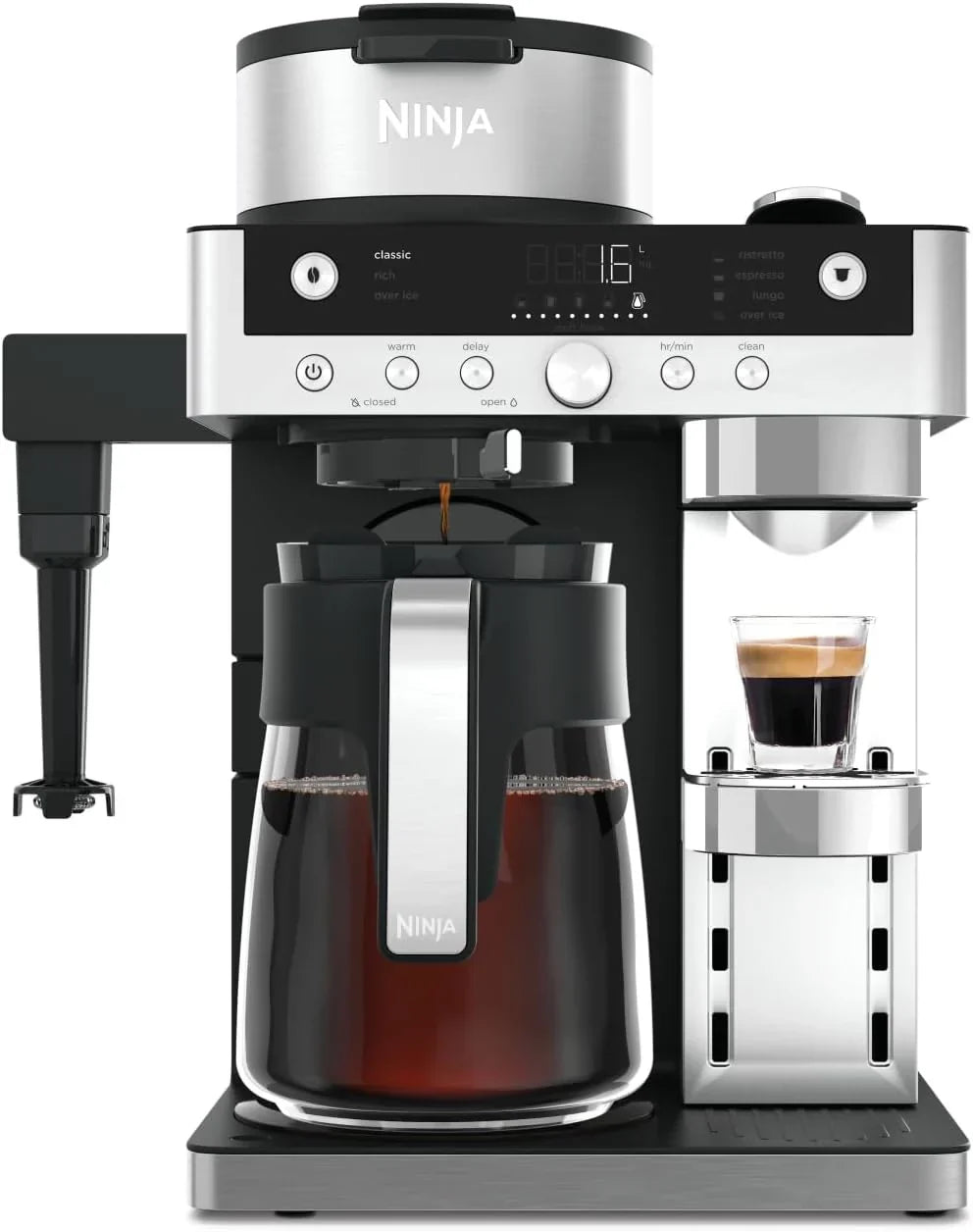 Cafeteira Ninja Prestige CFN802EU 2 em 1 para Café Moído e Cápsulas, com Moedor Embutido, Prepara Lattes, Iced Coffees e Flat Whites, Preta