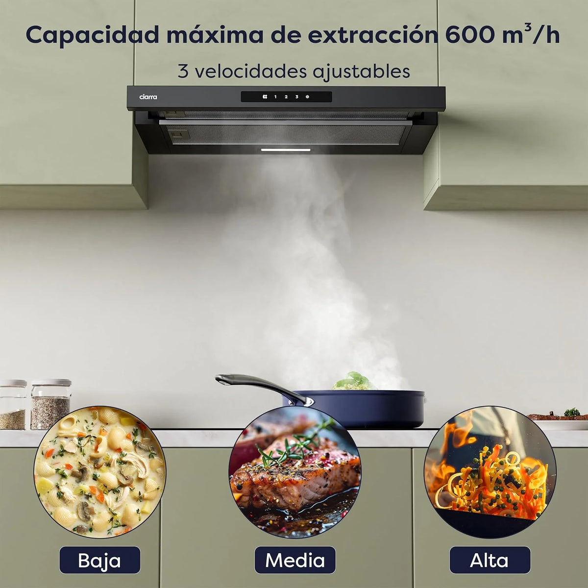CIARRA CBCB6909A Coifa de Parede Telescópica Preta para Cozinha 60 cm 600 m³/h Classe A+ 3 Níveis Controle Touch Iluminação LED Filtro de Carvão CBCF055