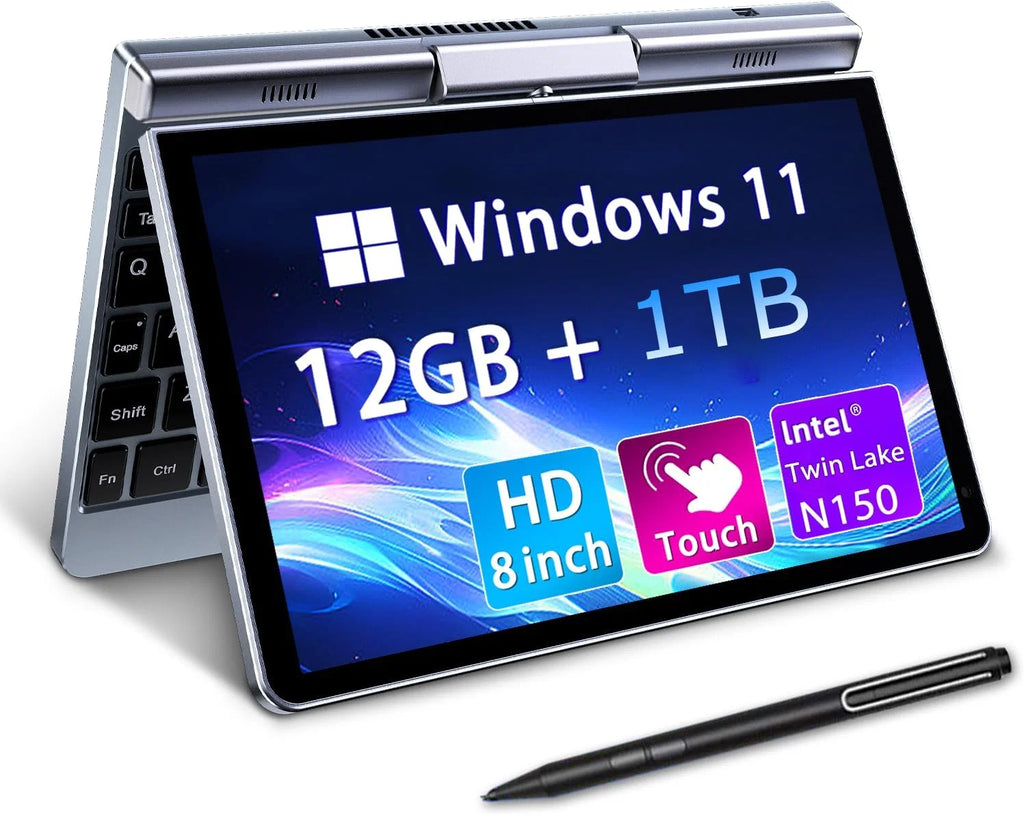 Mini Portátil 8" 2 em 1, Notebook Win 11, N150 (até 3.6 GHz), 12 GB RAM 1 TB SSD, Tela Sensível ao Toque HD, Teclado Retroiluminado, Wi-Fi 6, USB-C, PC Leve e Portátil para