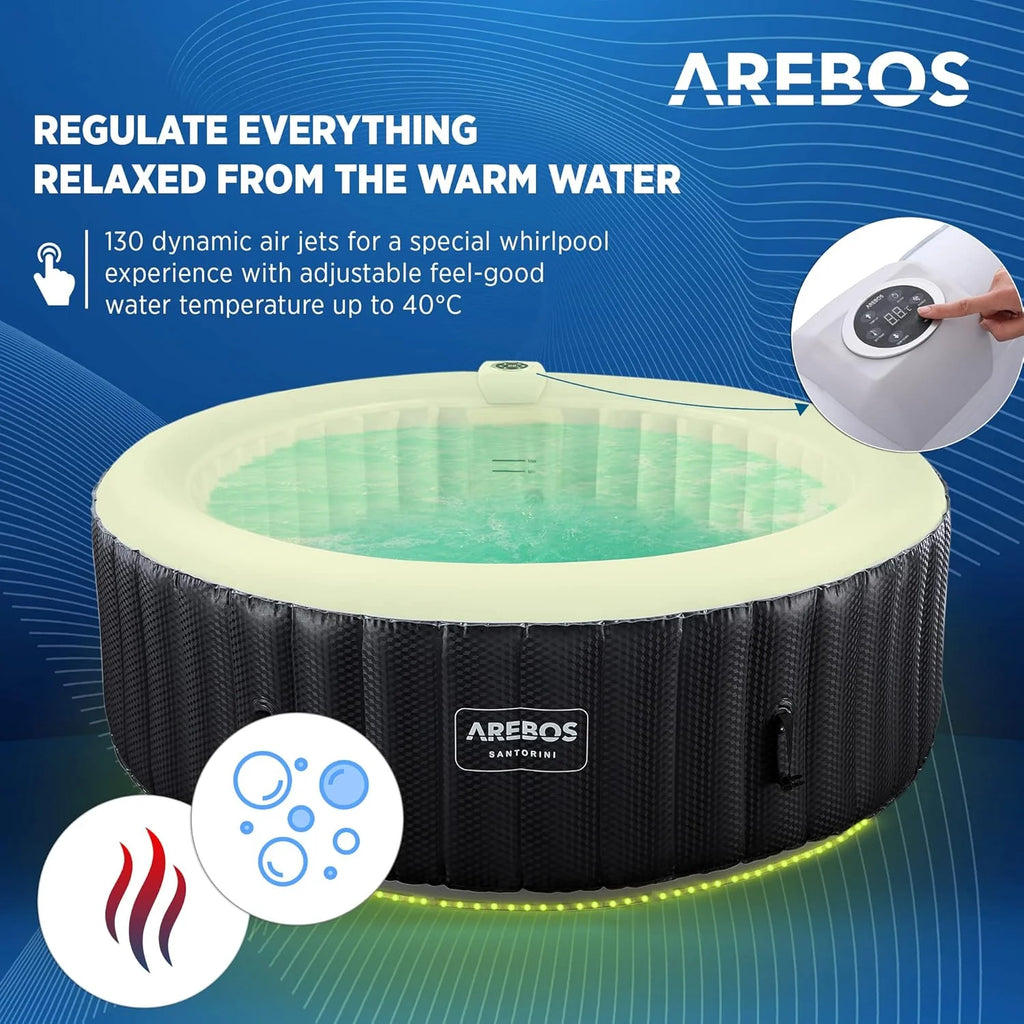 Arebos SPA Inflável | Inflável Automático | para Uso Interno e Externo | ⌀ 208 cm | 6 Pessoas | Faixa de LED | 130 Jatos de Massagem | 1000 L | Inclui Cobertura | SPA e Massagem de Bolhas