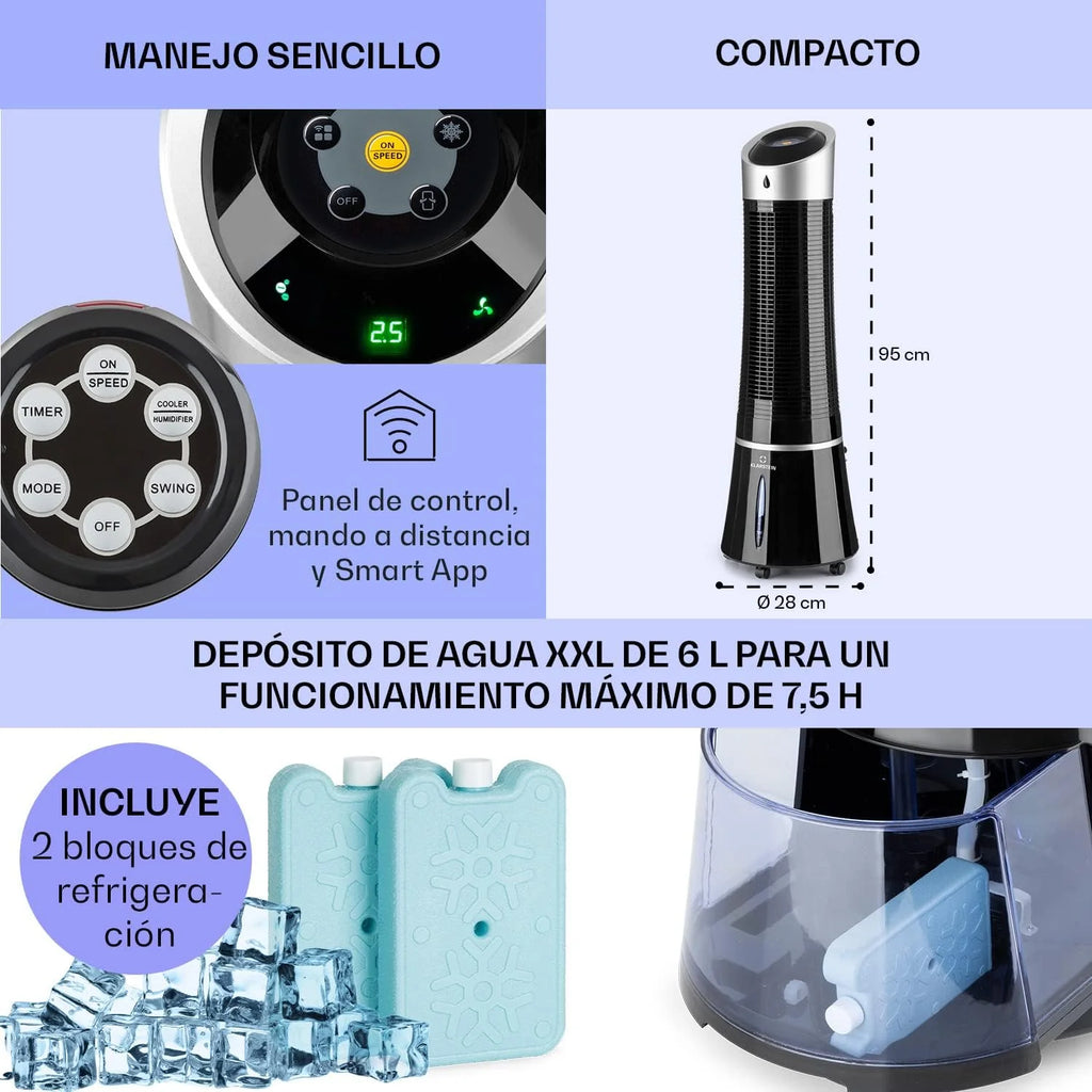 Klarstein Skyscraper Ice Smart Climatizador Evaporativo – 4 em 1: Ventilador, Resfriador, Purificador & Umidificador, 210 m³/h, Controle por App & Alexa, Tanque de 6L, Oscilação, Ionizador, Preto