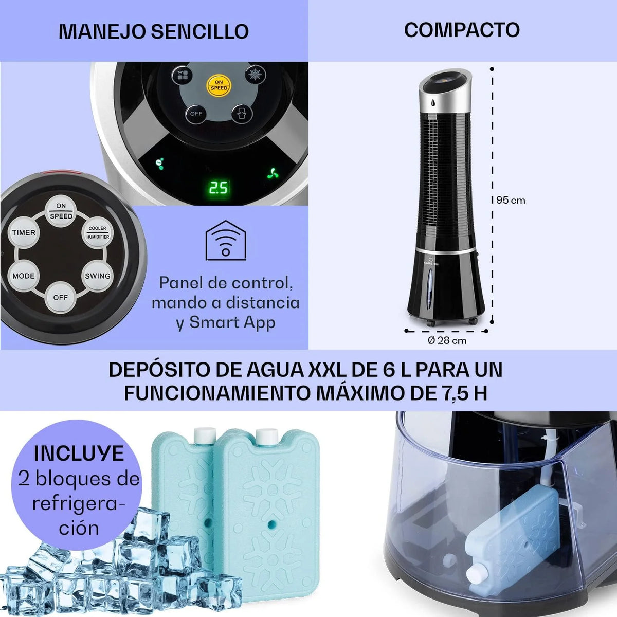 Klarstein Skyscraper Ice Smart Climatizador Evaporativo – 4 em 1: Ventilador, Resfriador, Purificador & Umidificador, 210 m³/h, Controle por App & Alexa, Tanque de 6L, Oscilação, Ionizador, Preto