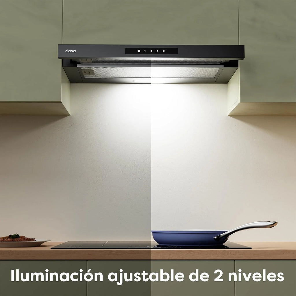 CIARRA CBCB6909A Coifa de Parede Telescópica Preta para Cozinha 60 cm 600 m³/h Classe A+ 3 Níveis Controle Touch Iluminação LED Filtro de Carvão CBCF055