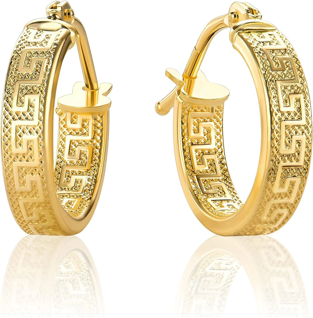 Brincos de argola em ouro amarelo 18K/750 com padrão de chave grega e acabamento diamantado (2 x 14 mm Ø) - PRI37A