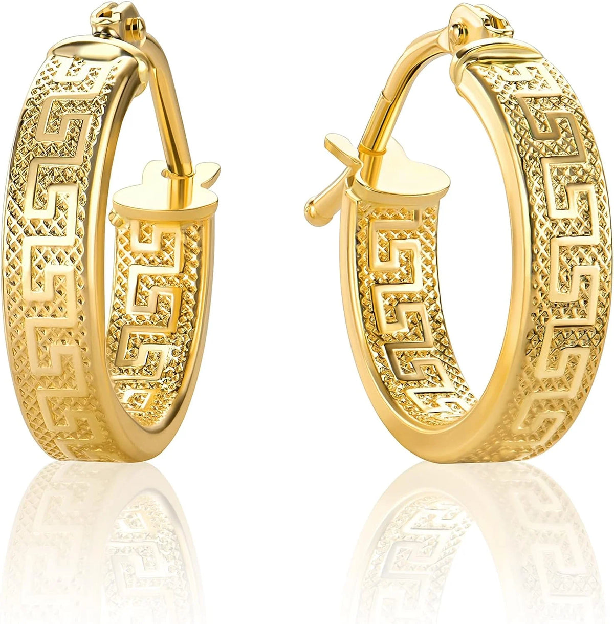 Brincos de argola em ouro amarelo 18K/750 com padrão de chave grega e acabamento diamantado (2 x 14 mm Ø) - PRI37A