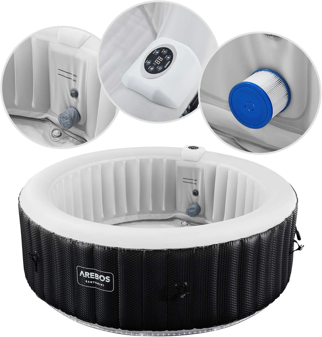 Arebos SPA Inflável | Inflável Automático | para Uso Interno e Externo | ⌀ 208 cm | 6 Pessoas | Faixa de LED | 130 Jatos de Massagem | 1000 L | Inclui Cobertura | SPA e Massagem de Bolhas