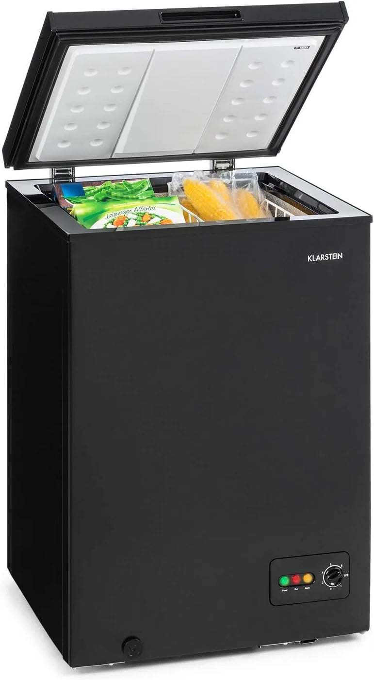 Klarstein Arcon Congelador Pequeno Vertical Portátil, Mini Congelador Silencioso para Casa e Escritório, Congelador de 99 Litros com Cesto, Freezer Horizontal com Rodas de Baixo Consumo para Alimentos