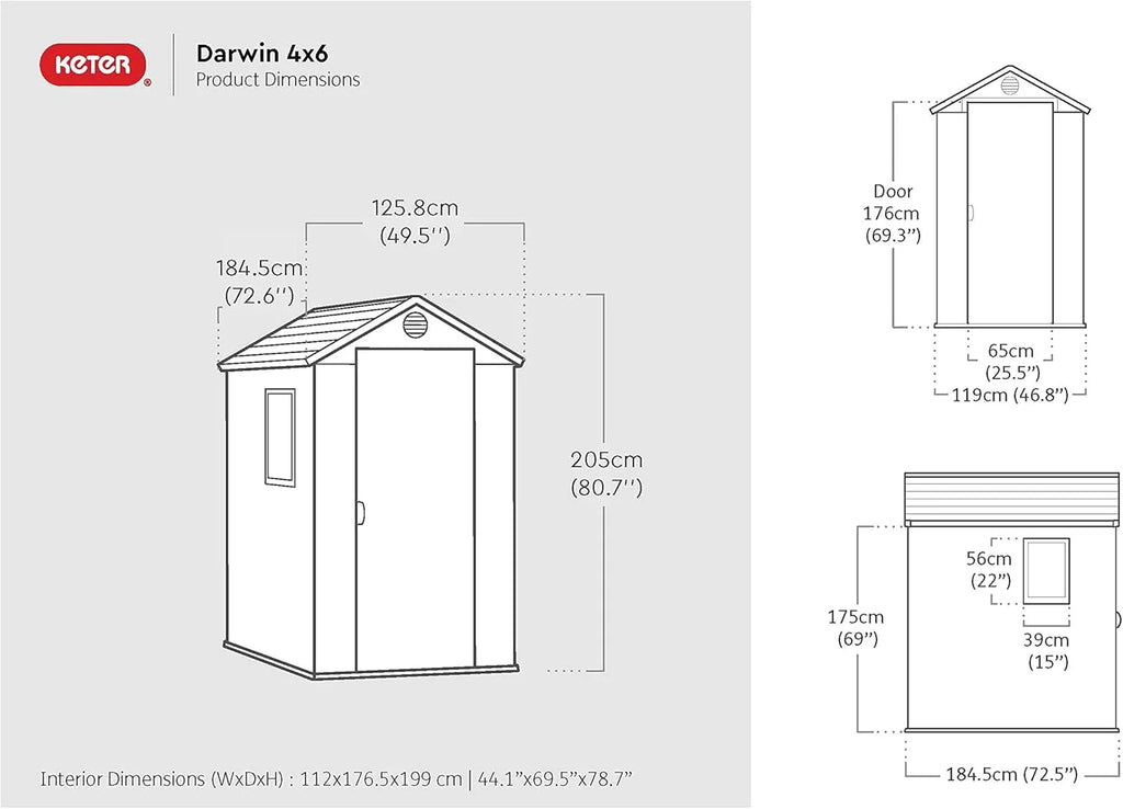 KETER Darwin 4x6 Casa de Jardim, 125.8 x 184.5 x 205 cm e 2.2 m², Piso, Sistema de Ventilação, Porta e Janela, Resistente à Água, Cor Cinza