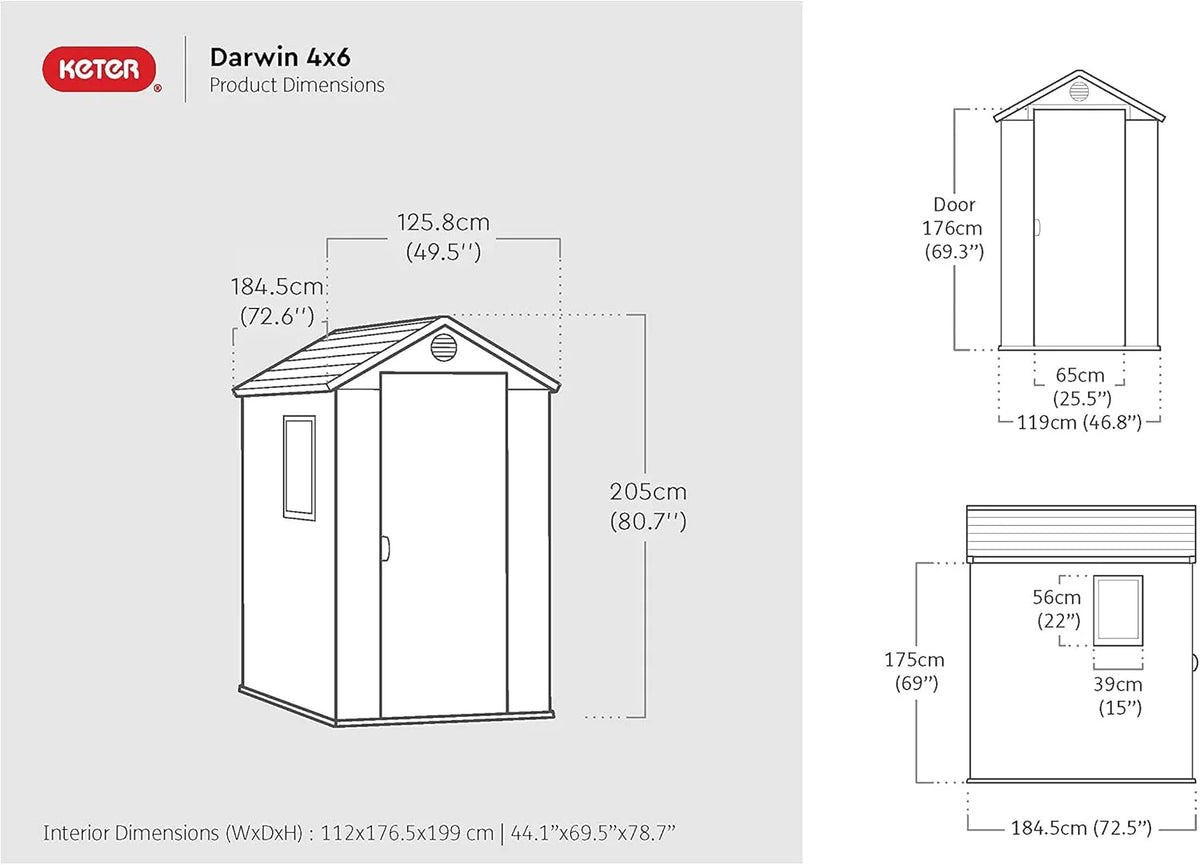 KETER Darwin 4x6 Casa de Jardim, 125.8 x 184.5 x 205 cm e 2.2 m², Piso, Sistema de Ventilação, Porta e Janela, Resistente à Água, Cor Cinza