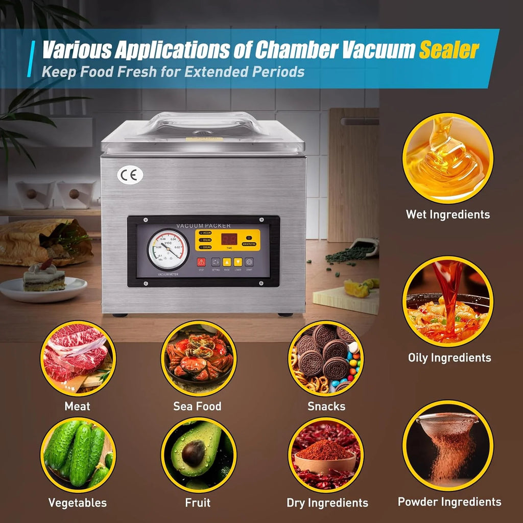 Máquina de Selagem a Vácuo Profissional DZ-260 - Seladora Industrial de Filmes 220V - Aparelho a Vácuo de Aço Inoxidável