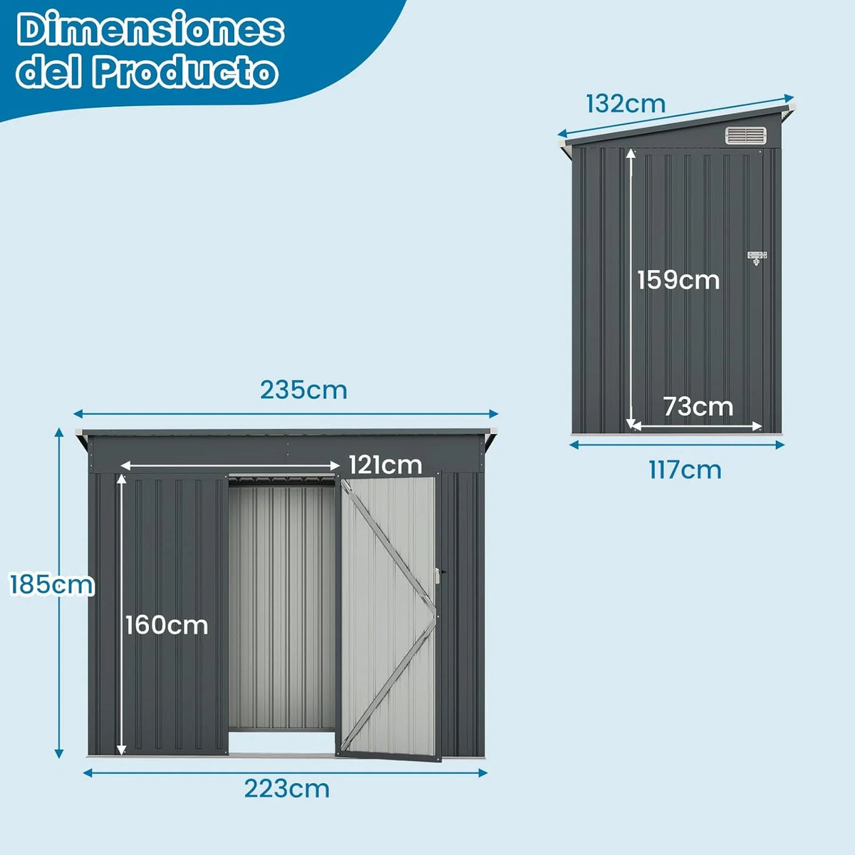 COSTWAY Abrigo de Jardim Exterior, 235 x 117 x 185 cm, Abrigo de Jardim Exterior com 2 Portas, Telhado Inclinado, Abrigo Organizador de Metal Galvanizado, Organizador de Ferramentas para Jardim e Pátio