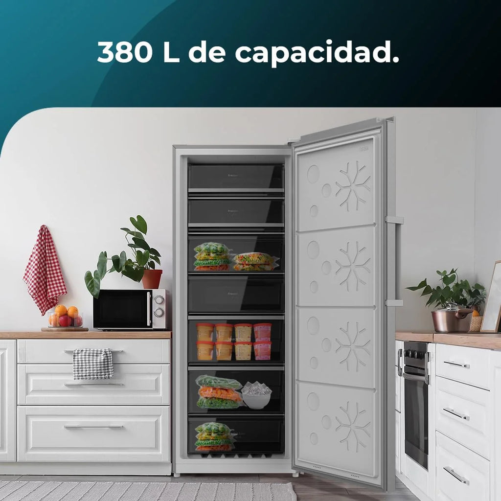 Cecotec Congelador Vertical de 380L Bolero CoolMarket UF 380 Inox D. 1950W, Motor Inverter Plus, Baixo Consumo, Total No Frost, Display na porta, Conversível em frigorífico, Multi Airflow