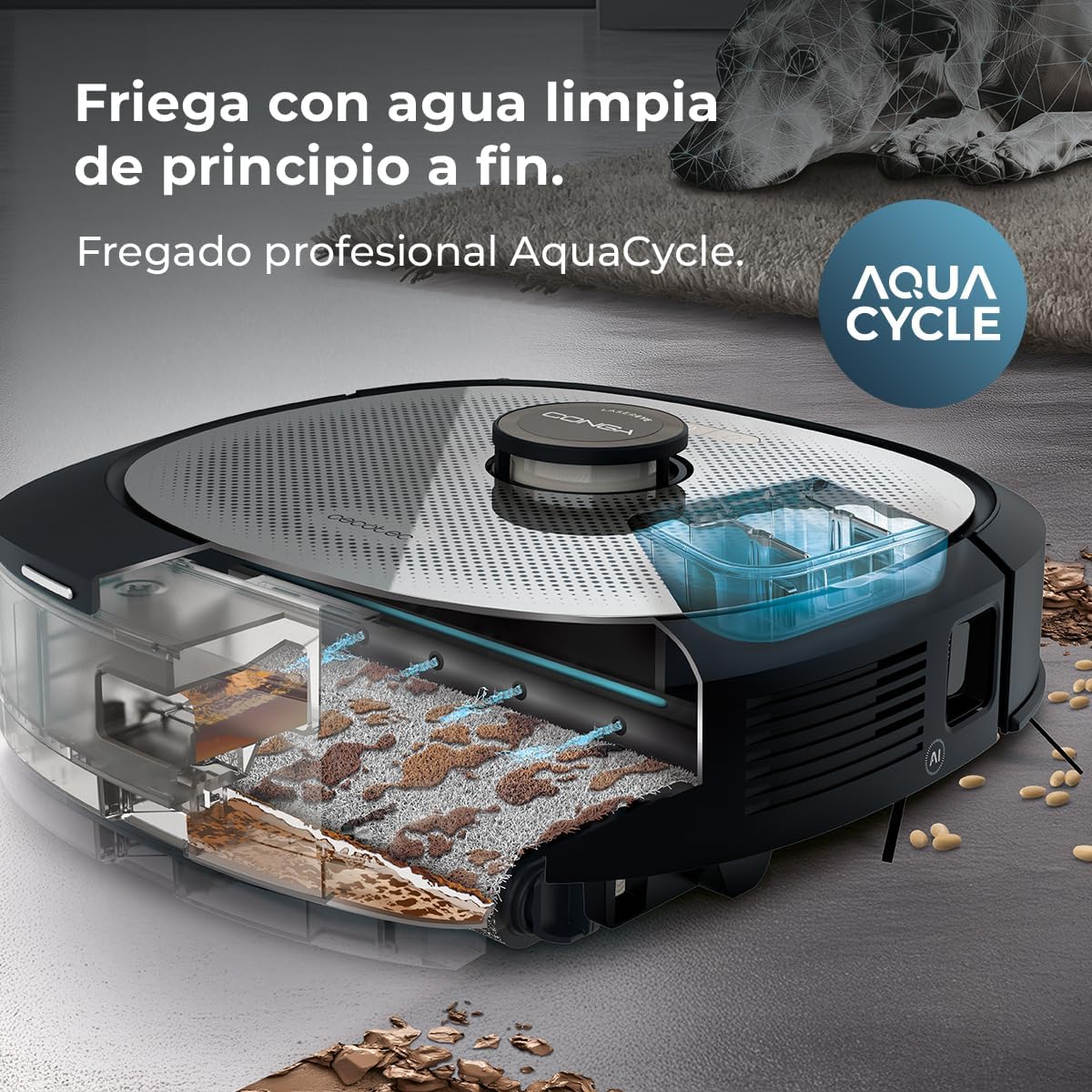 Cecotec Robô Aspirador e Passa Pano com IA, Base de Esvaziamento Automático e Tecnologia a Laser Conga Z100. 20000Pa, Limpeza Profissional com Mopa Bimaterial XXL, Esvaziamento Automático de Pó, Água e Limpeza de Mopas, App