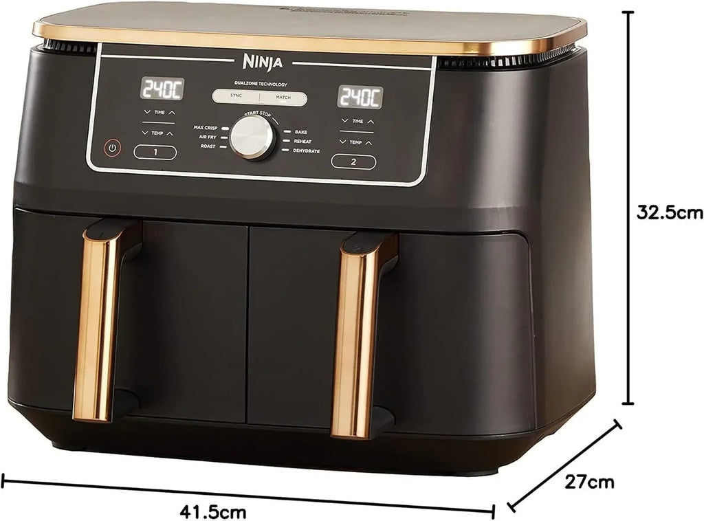 Fritadeira Ninja Foodi MAX de Compartimento Duplo, 9.6L, 6 em 1, Sem Óleo, Max Crisp, Assar, Grelhar e Mais, Pinças, 8 Porções, Cestos Antiaderentes, Cobre e Preto, AF400EUCP